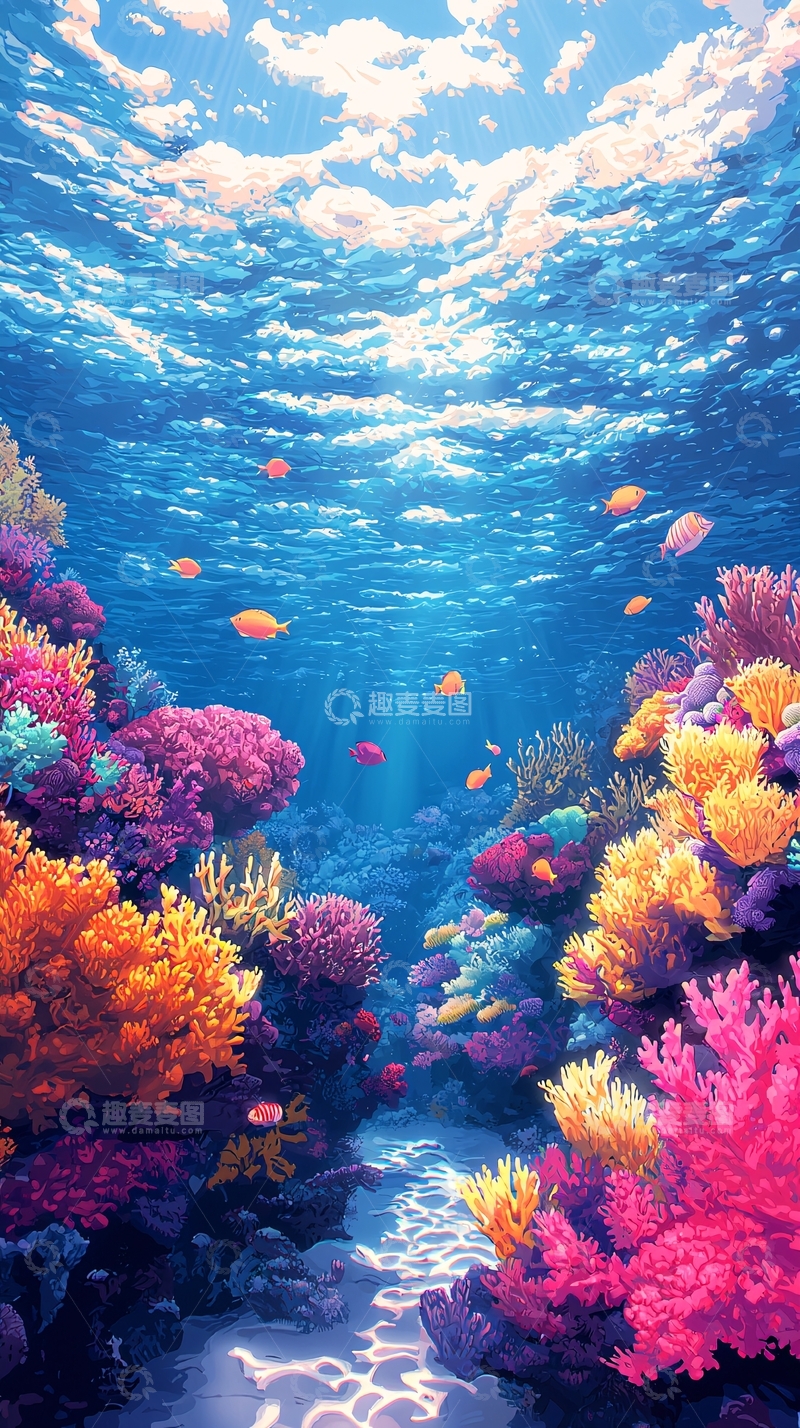 高清大图下载【趣麦麦图】水下珊瑚礁阳光斑驳