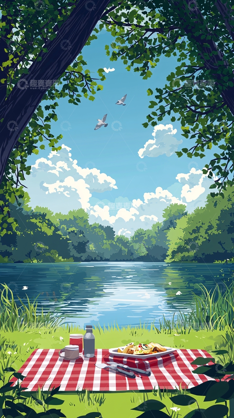 高清大图下载【趣麦麦图】宁静湖畔的野餐时光