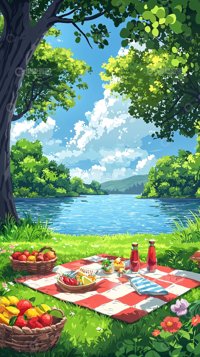 高清大图下载【趣麦麦图】野餐垫上的午餐