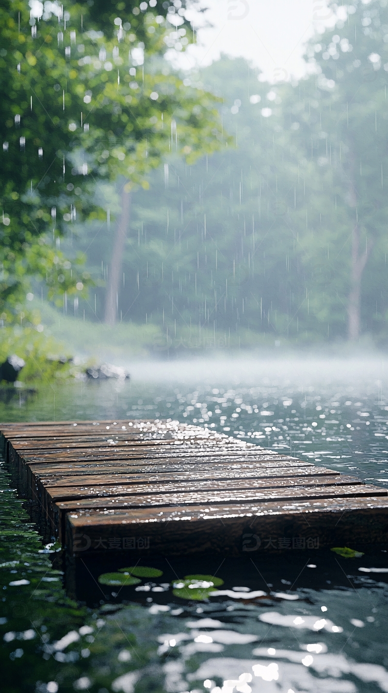 高清大图下载【趣麦麦图】雨中宁静的湖边木栈道
