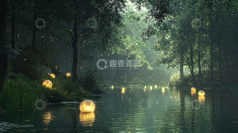 高清大图下载【趣麦麦图】夜晚森林小河灯光静谧氛围