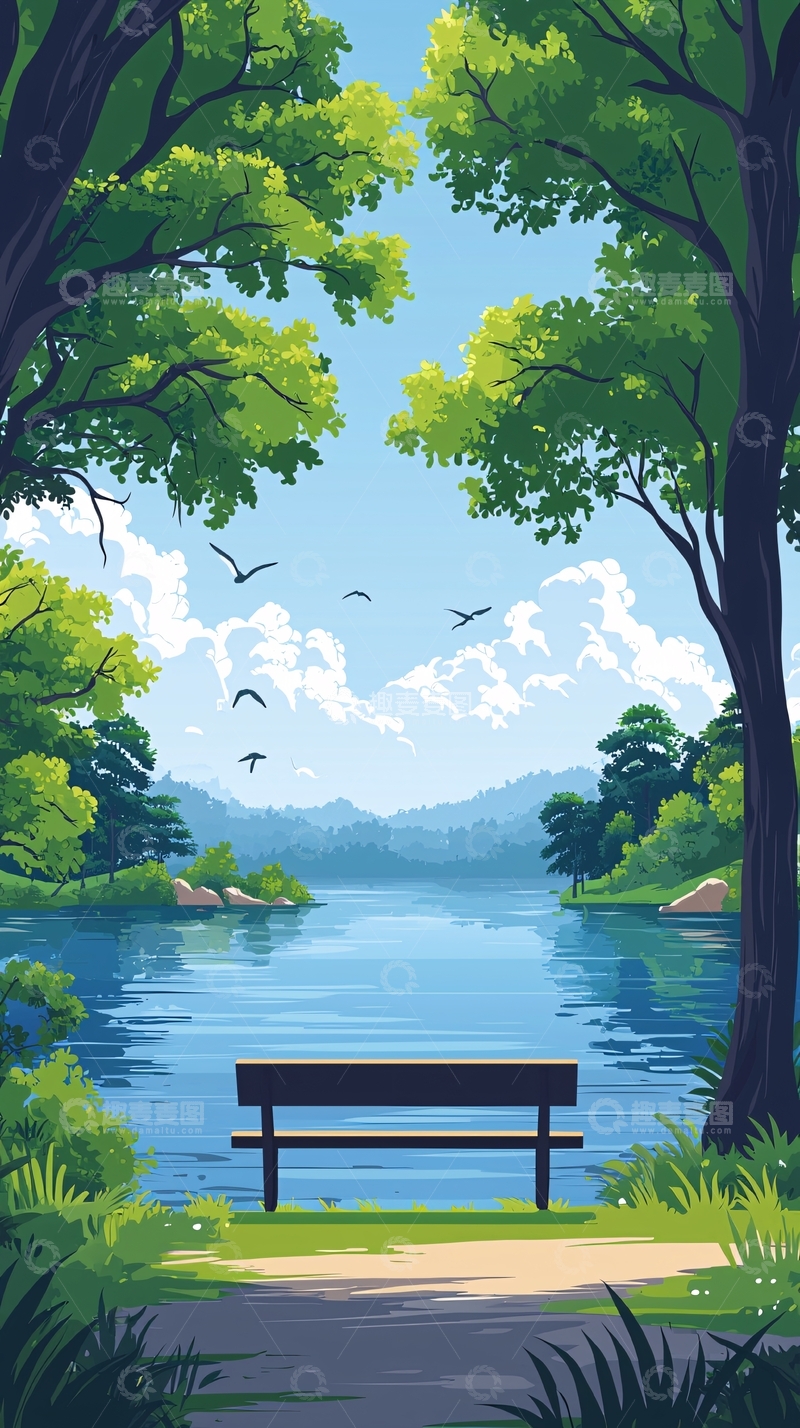 高清大图下载【趣麦麦图】湖边树林里的长椅风景
