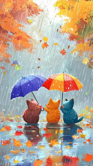 秋雨猫咪雨伞图
