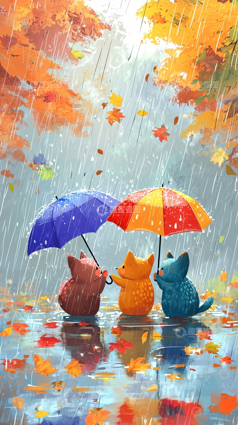 高清大图下载【趣麦麦图】秋雨猫咪雨伞图