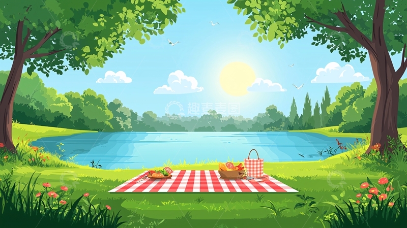 高清大图下载【趣麦麦图】卡通风格的野餐场景