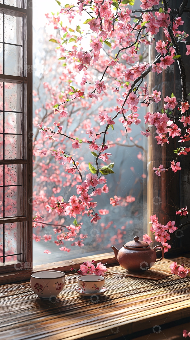 高清大图下载【趣麦麦图】窗边樱花茶具