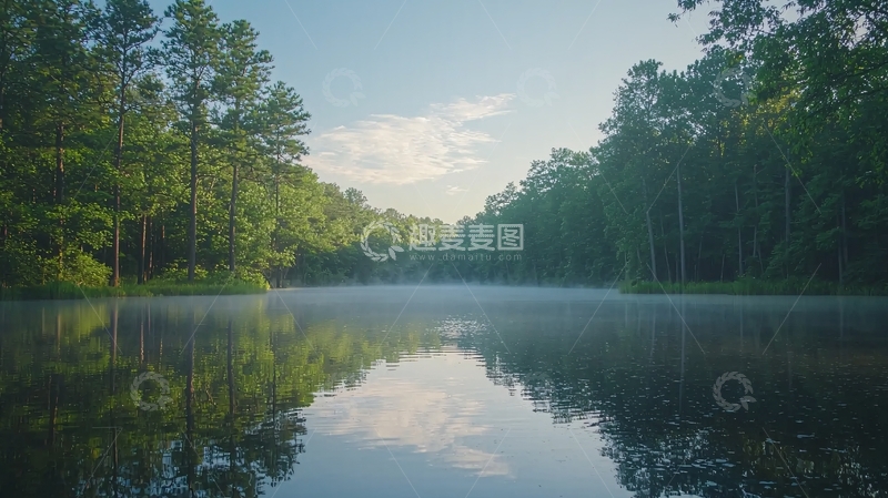 高清大图下载【趣麦麦图】湖面平静树木茂盛的森林