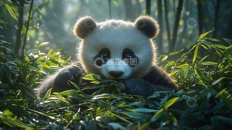 高清大图下载【趣麦麦图】可爱熊猫宝宝在竹林中