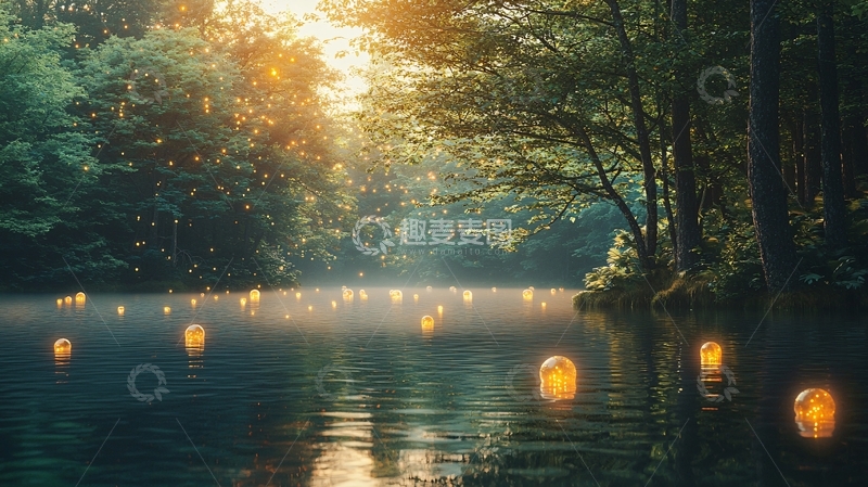 高清大图下载【趣麦麦图】湖面漂浮着灯笼