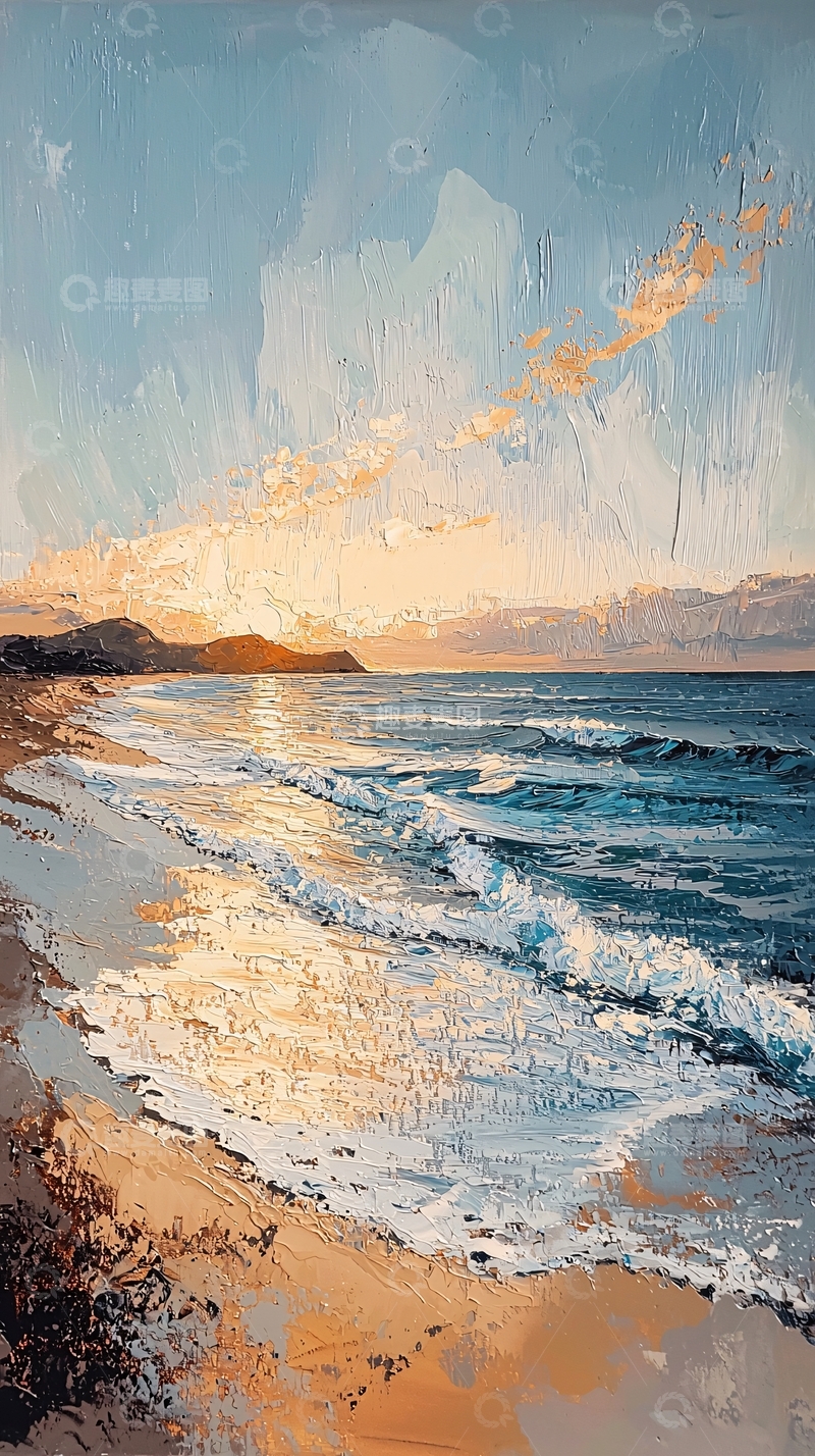 高清大图下载【趣麦麦图】海边日落油画质感风景