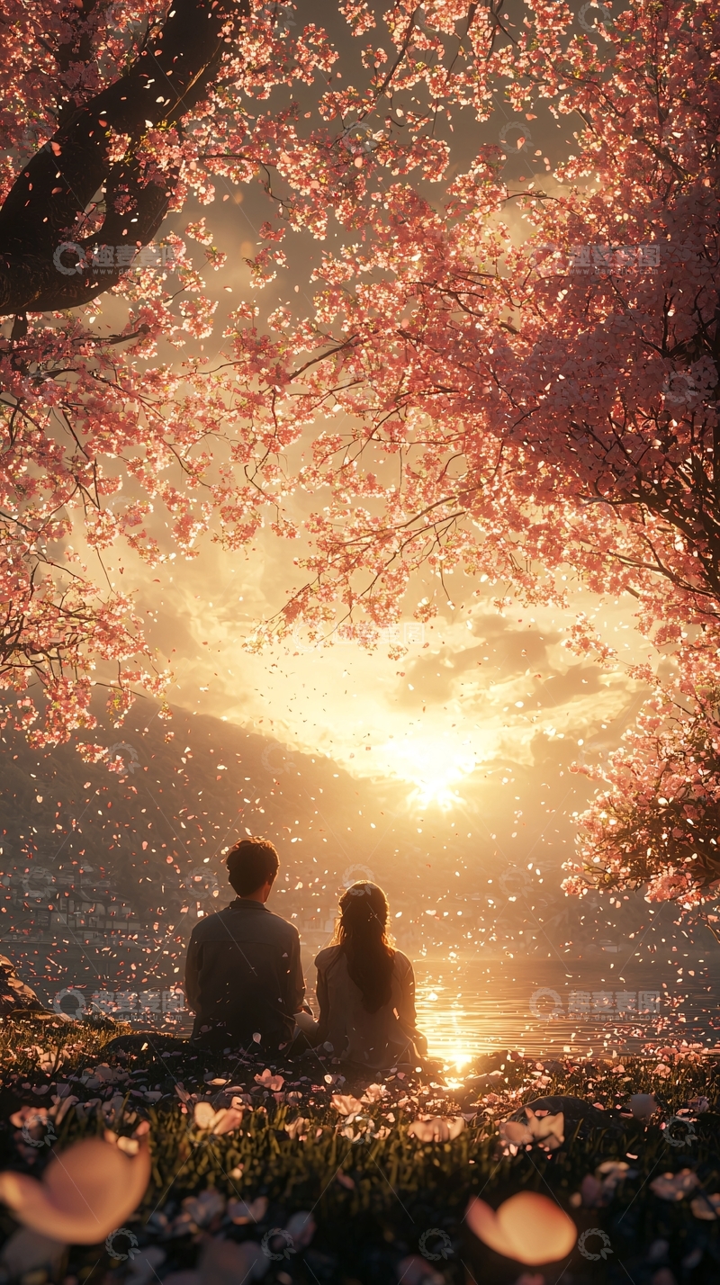 高清大图下载【趣麦麦图】樱花树下情侣背影唯美氛围