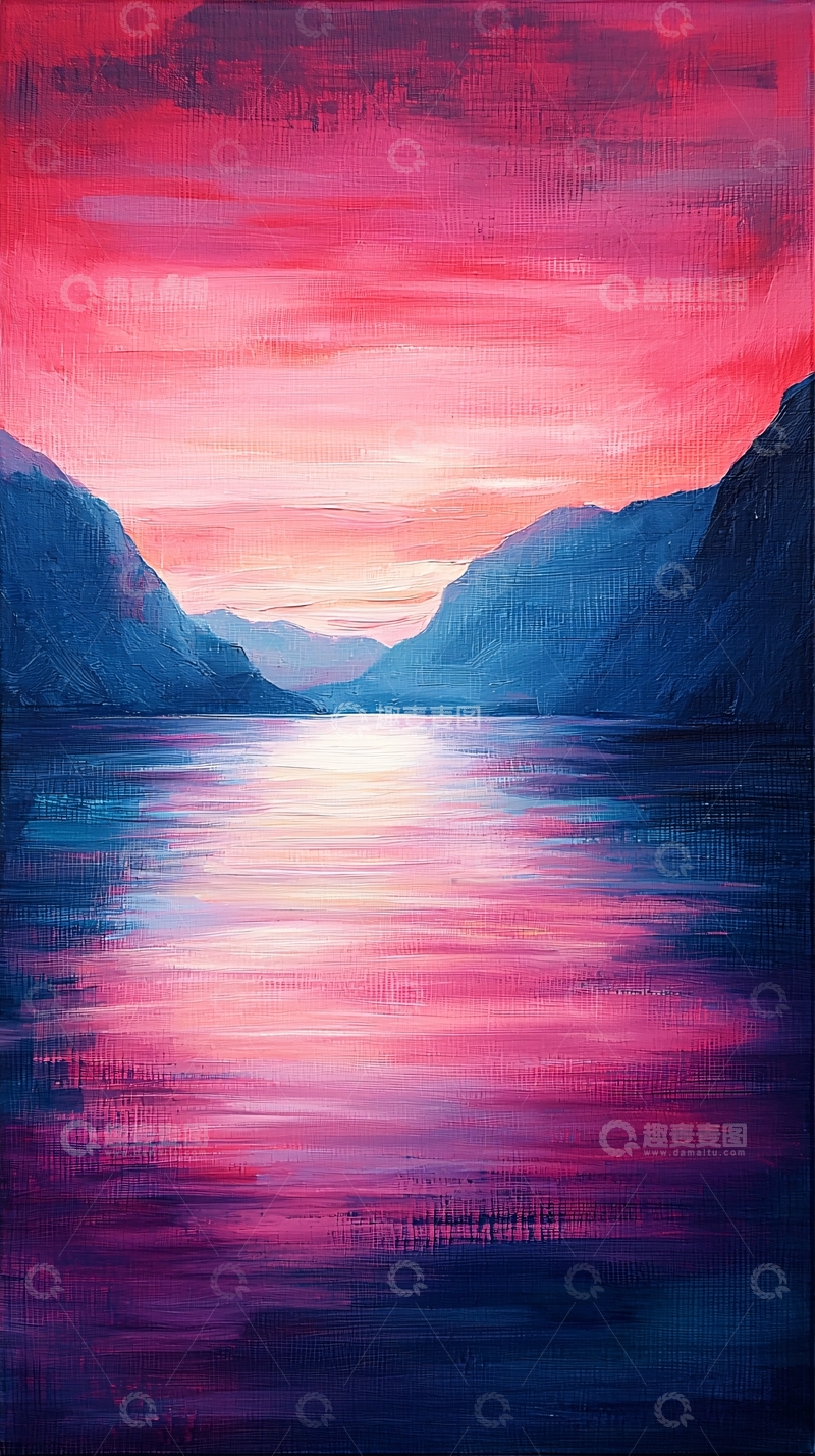 高清大图下载【趣麦麦图】粉色天空湖面山脉油画