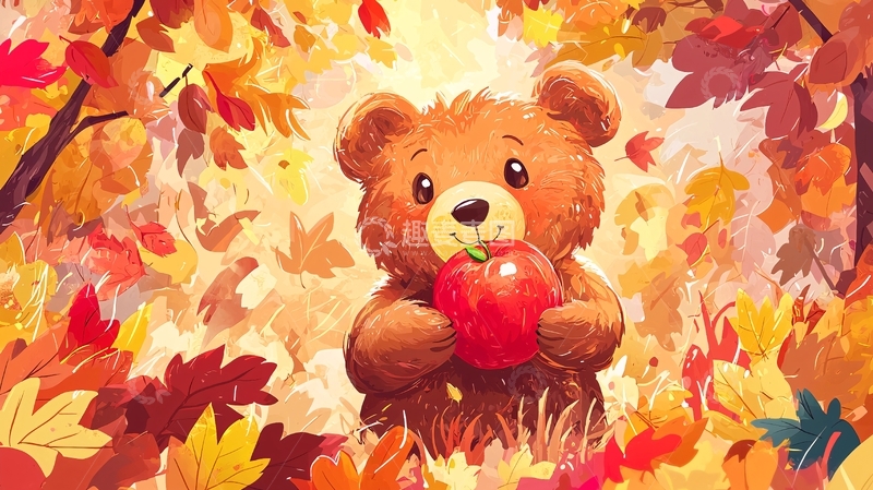 高清大图下载【趣麦麦图】秋日小熊吃苹果