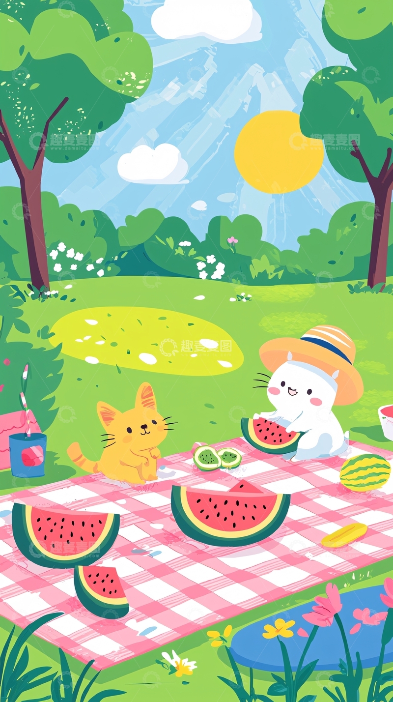 高清大图下载【趣麦麦图】猫咪野餐图