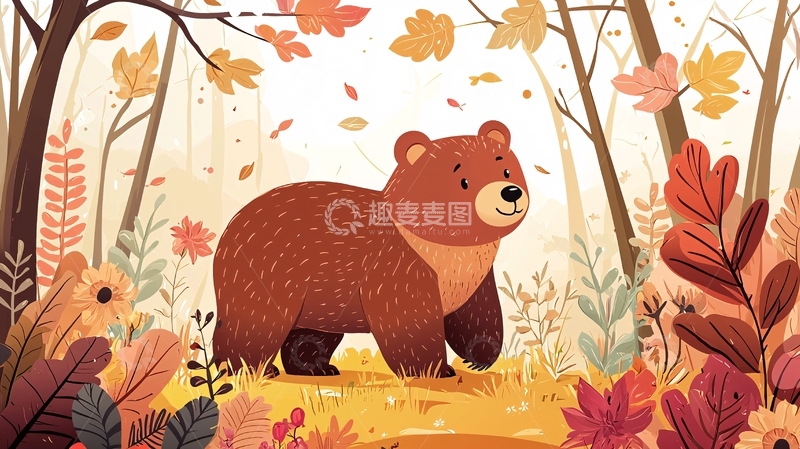 高清大图下载【趣麦麦图】秋日森林里的小熊