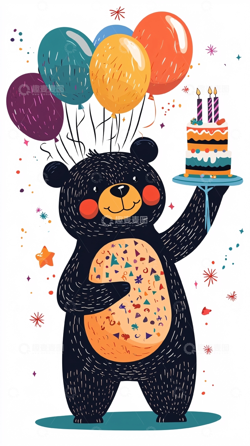 高清大图下载【趣麦麦图】黑熊拿着生日蛋糕和气球