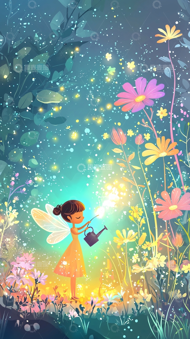 高清大图下载【趣麦麦图】小仙女浇花萤火虫梦幻花园