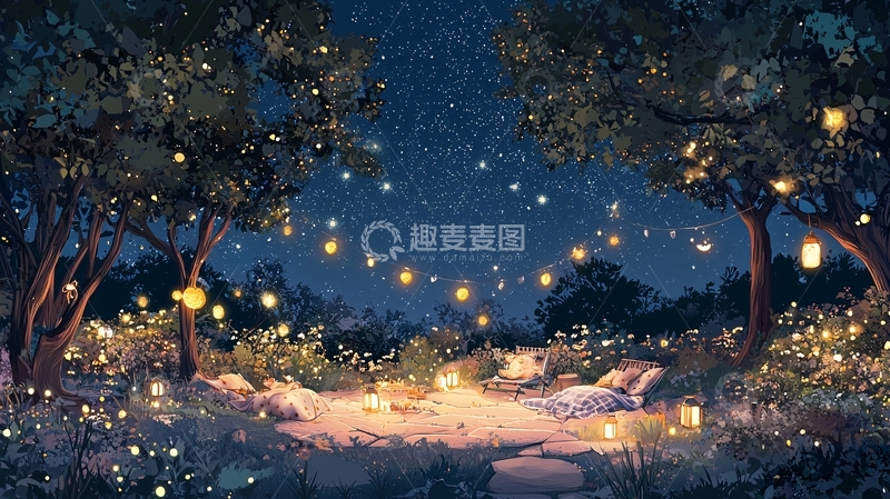 高清大图下载【趣麦麦图】夜晚萤火虫森林