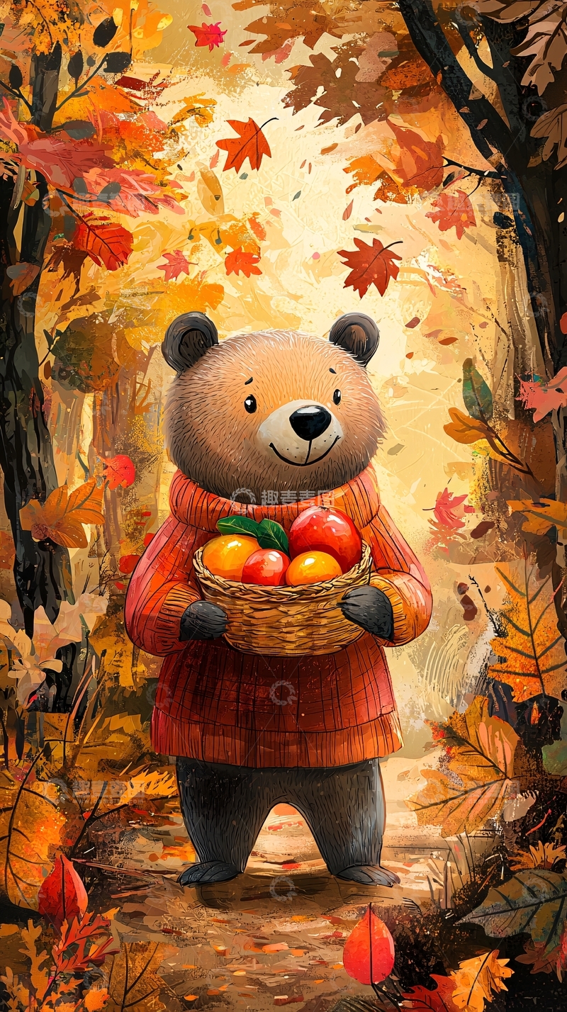 高清大图下载【趣麦麦图】秋日森林里的小熊
