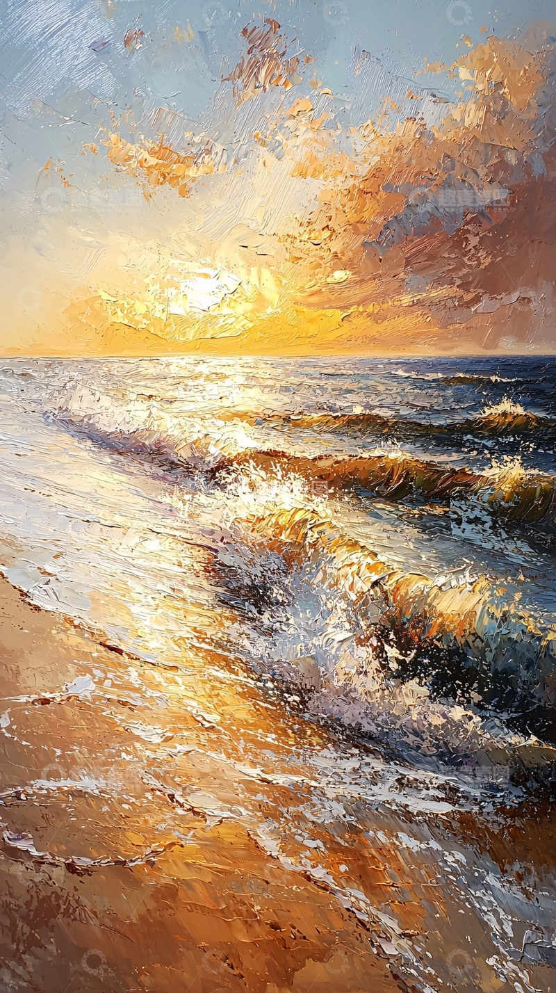 高清大图下载【趣麦麦图】海边日落油画风格
