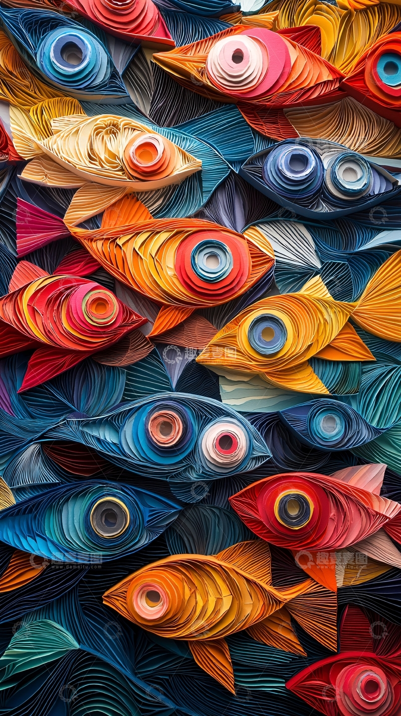 高清大图下载【趣麦麦图】彩色纸卷小鱼群