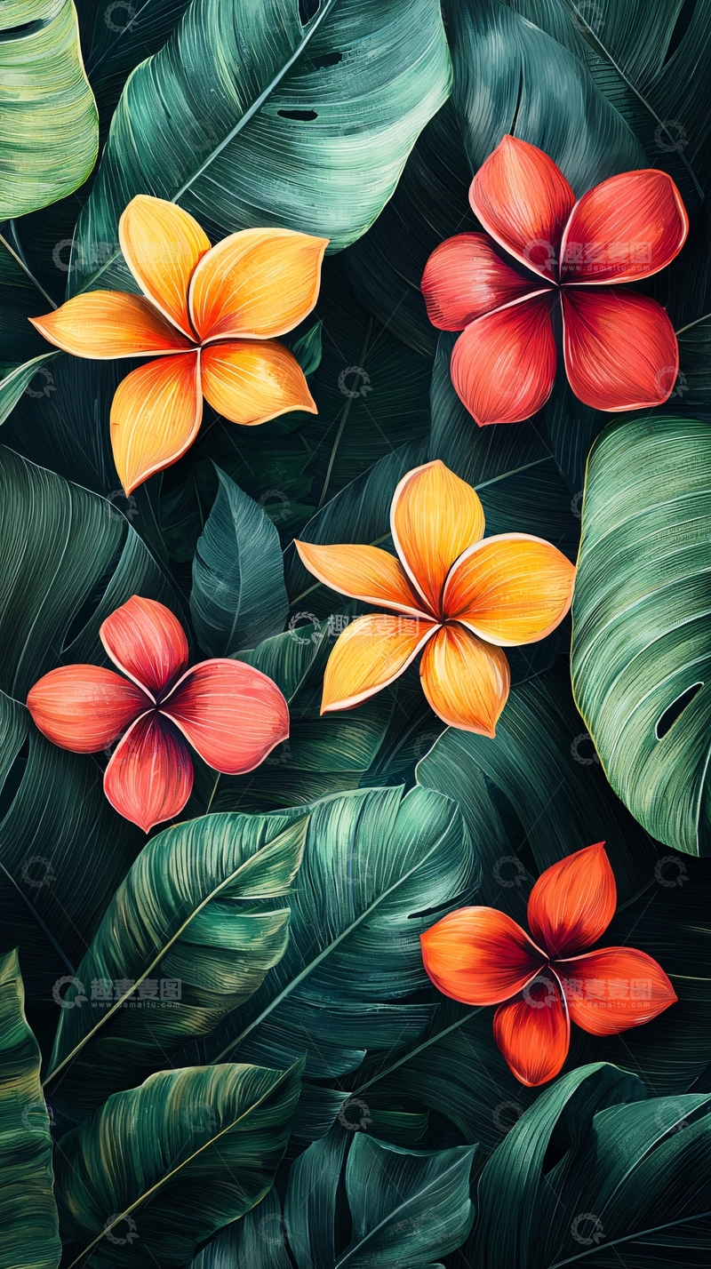 高清大图下载【趣麦麦图】热带花卉和绿叶图案