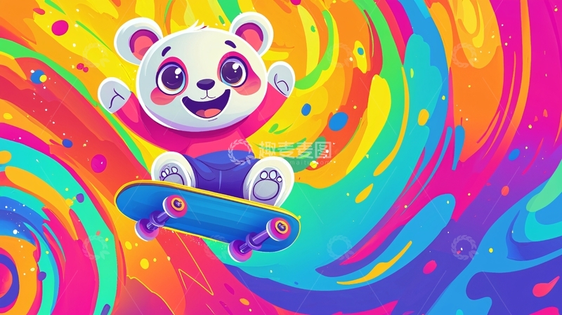 高清大图下载【趣麦麦图】彩虹滑板熊猫