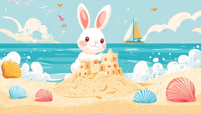 高清大图下载【趣麦麦图】沙滩上堆沙堡的小白兔