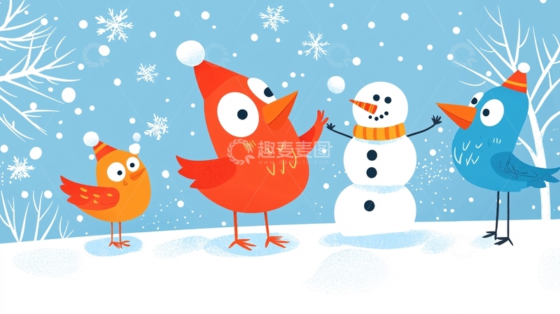 高清大图下载【趣麦麦图】可爱的小鸟堆雪人
