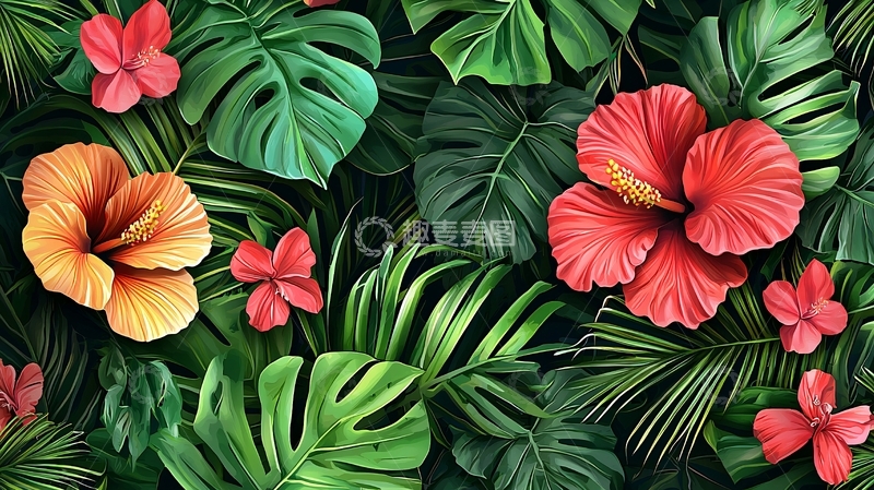 高清大图下载【趣麦麦图】热带花卉和绿叶背景