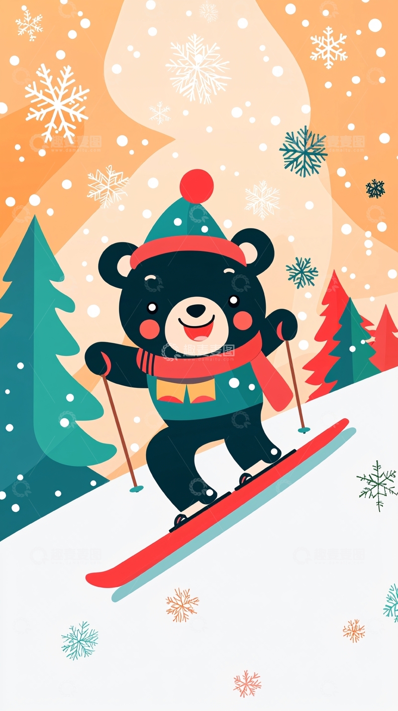 高清大图下载【趣麦麦图】冬天滑雪的小熊