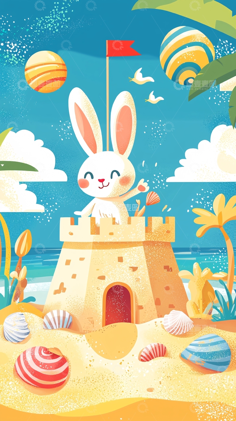 高清大图下载【趣麦麦图】夏日沙滩兔子玩沙堡
