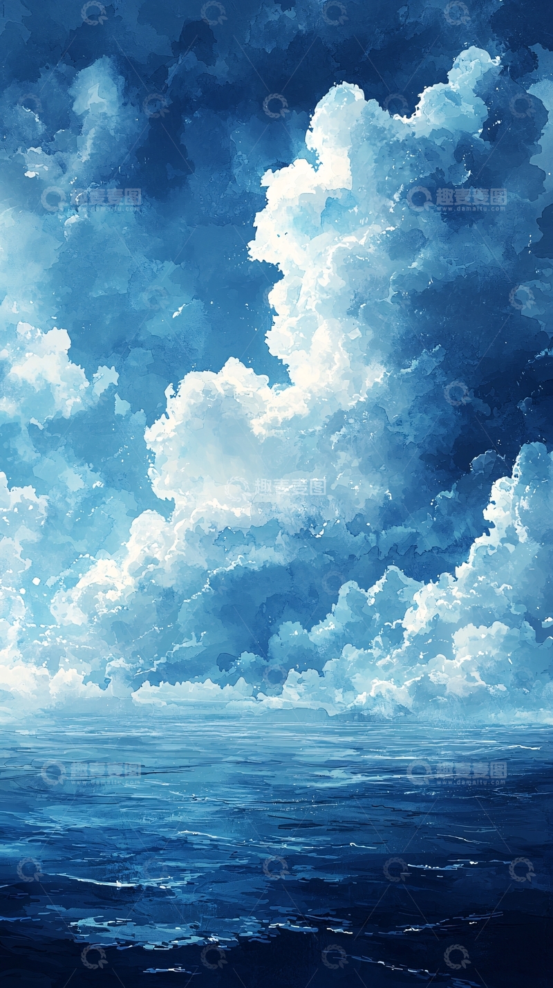 高清大图下载【趣麦麦图】蓝天白云海面油画质感