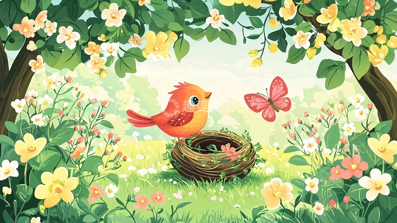 高清大图下载【趣麦麦图】小鸟与蝴蝶在花丛中