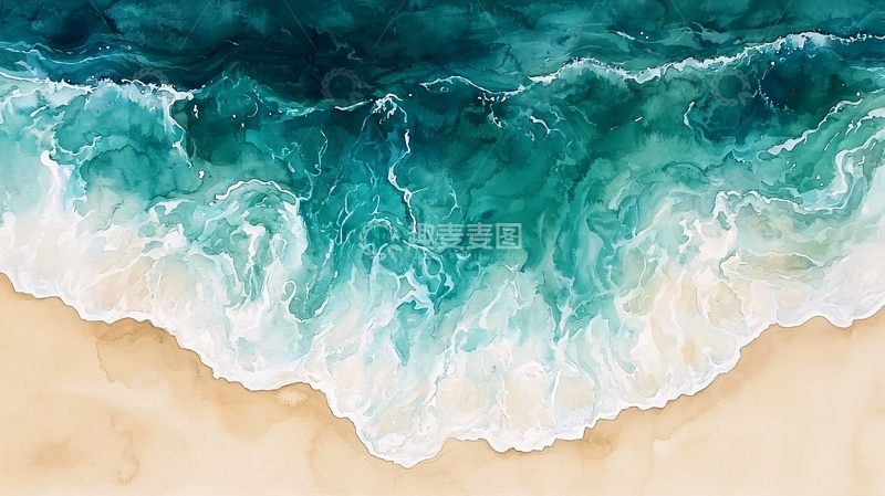 高清大图下载【趣麦麦图】海滩上蓝色海水拍打着白色浪花