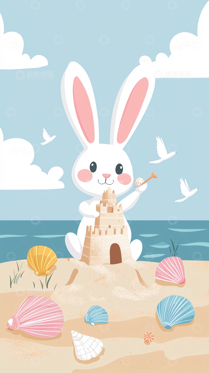 高清大图下载【趣麦麦图】沙滩上的可爱兔子