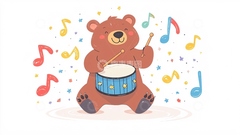 高清大图下载【趣麦麦图】敲鼓的棕色小熊