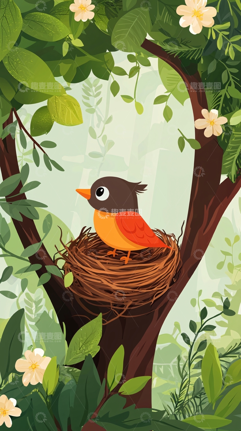高清大图下载【趣麦麦图】小鸟在树上鸟巢里
