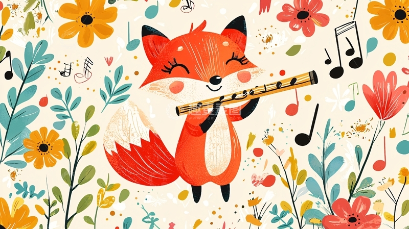 高清大图下载【趣麦麦图】可爱狐狸吹笛子