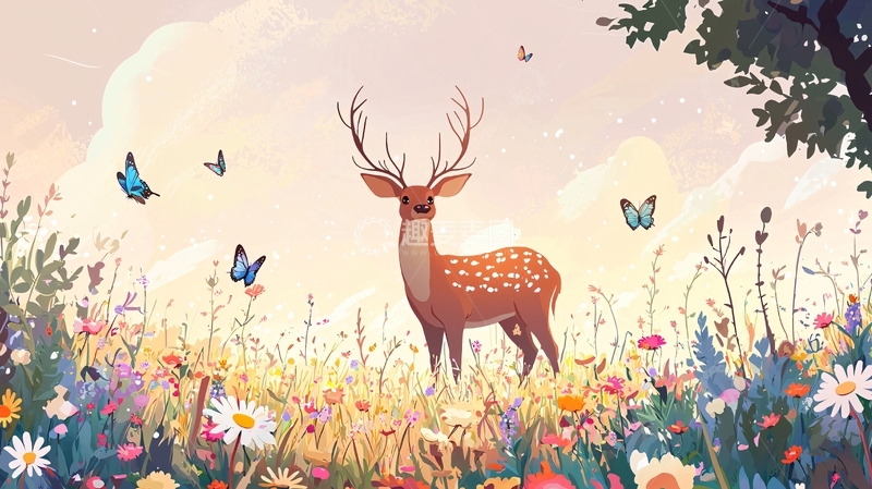 高清大图下载【趣麦麦图】花田里的梅花鹿