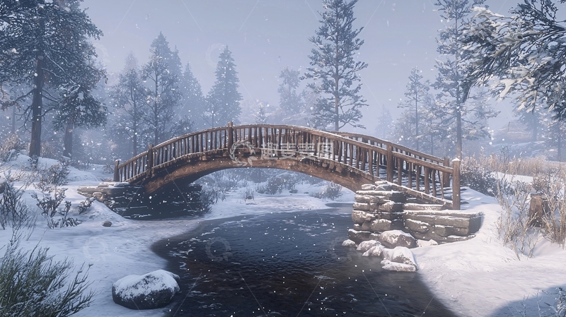 高清大图下载【趣麦麦图】雪中木桥静谧冬日