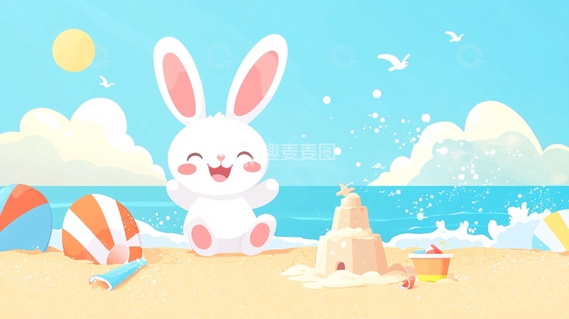 高清大图下载【趣麦麦图】沙滩上的可爱小白兔