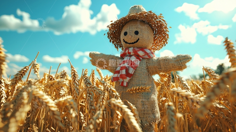 高清大图下载【趣麦麦图】稻草人站在麦田里