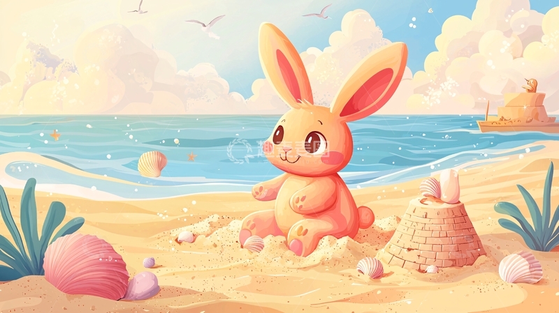 高清大图下载【趣麦麦图】沙滩上的粉色兔子