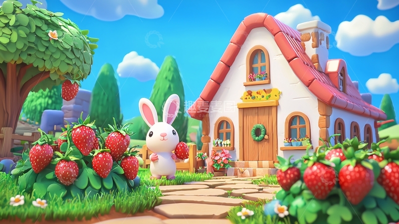 高清大图下载【趣麦麦图】卡通兔子草莓屋