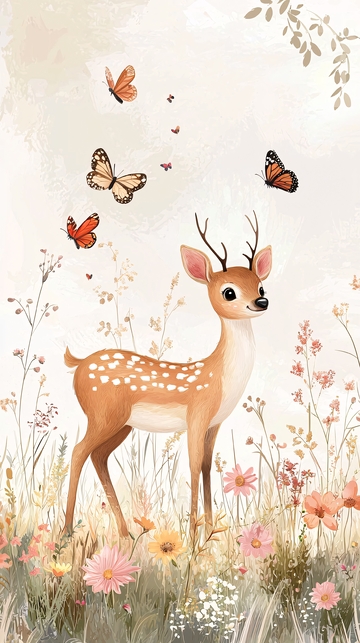 小鹿与蝴蝶花草插画