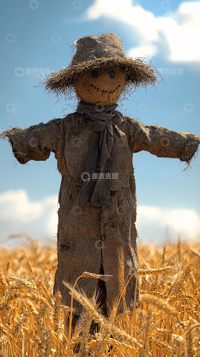 高清大图下载【趣麦麦图】田野里稻草人微笑面对蓝天