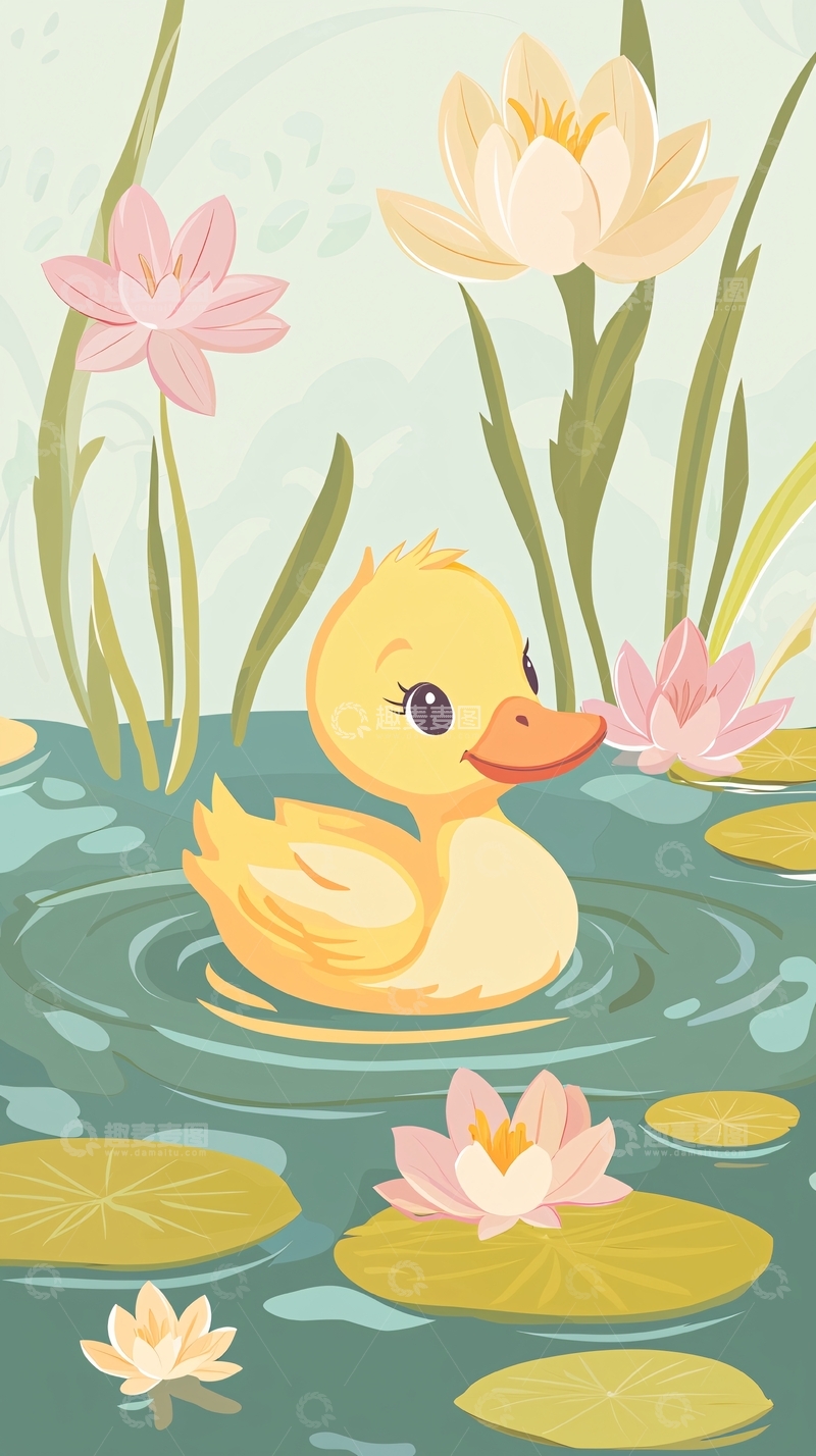 高清大图下载【趣麦麦图】小鸭子在荷花池里游泳