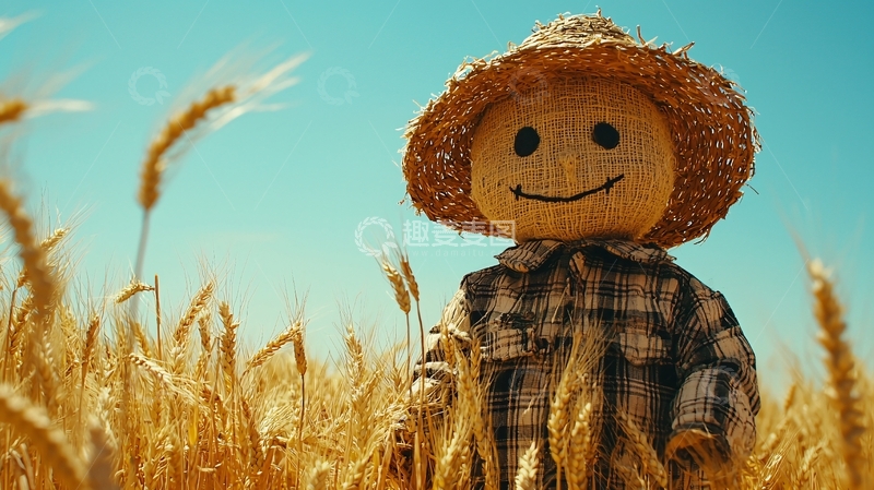 高清大图下载【趣麦麦图】田野里戴草帽的稻草人