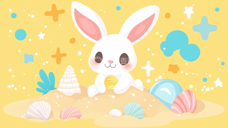 高清大图下载【趣麦麦图】沙滩上的可爱小白兔